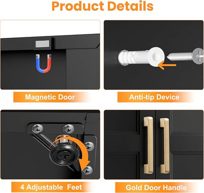 71" Metal Pantry Cabinet,Storage Cabinet with Doors and Shelves | Metal Storage Cabinet,Gold Handles,Adjustable Shelves,Magnetic Doors,Leveling Feet,Anti-tipping,for Kitchen/Garage Black
