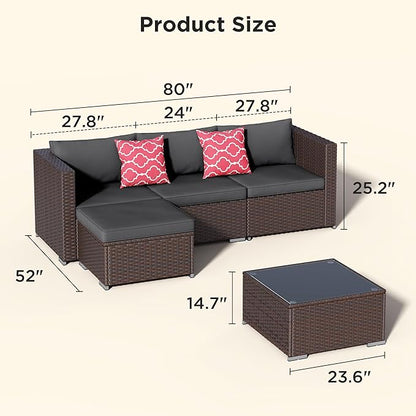 Aiho 5 Pieces Patio Furniture Sets, All-Weather PE Rattan Outdoor Patio Furniture with Cushions and Glass Table, for Garden, Backyard, Porch, Black
