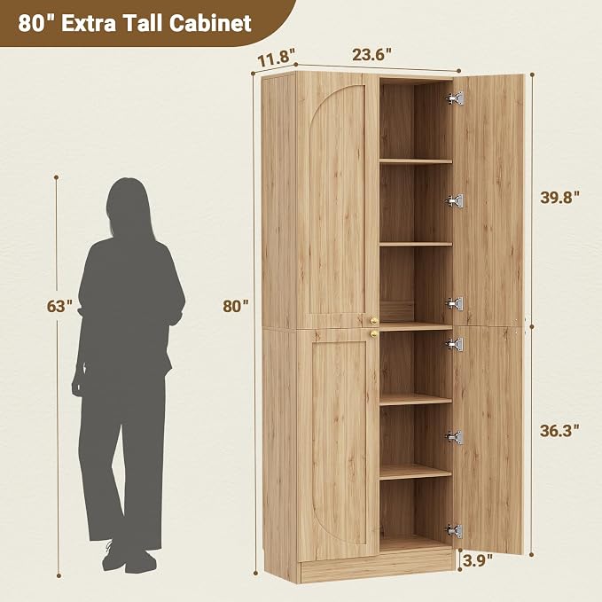 Cyclysio 80" Kitchen Pantry, Extra Tall Arch Storage Cabinet with 4 Soft Close Doors and Adjustable Shelves, Freestanding Wood Cupboard with Seamless Fit Wall for Dining Living Room Bathroom Furniture
