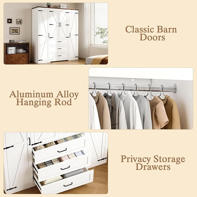 70" Tall Armoire Wardrobe Closet with 4 Doors & 3 Drawers, Farmhouse Bedroom Storage Cabinet with Hanging Rod, Freestanding Wooden Armoire Wardrobe Closet, White