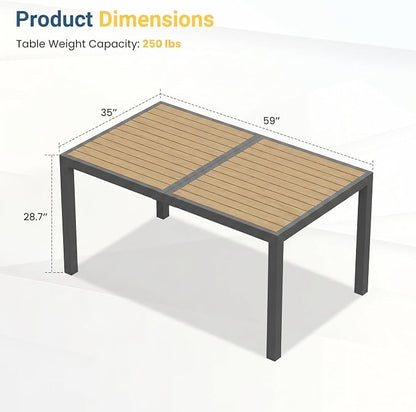 Aluminum Outdoor Table for All-Weather, 59" Patio Tables with Heavy Duty HDPS Rectangular Tabletop, Outside Table with Quick-Drying Slatted Design for Patio, Garden, Deck, Porch, Poolside, Backyard