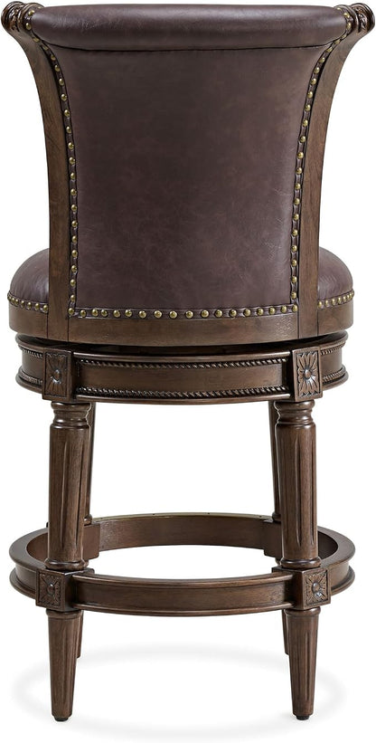 ROME + OAK Set of 2 Runyan 26" Swivel Counter Stool, Rotating High Back Barstool in Dark Walnut Finish with Vintage Brown Vegan Leather Seat