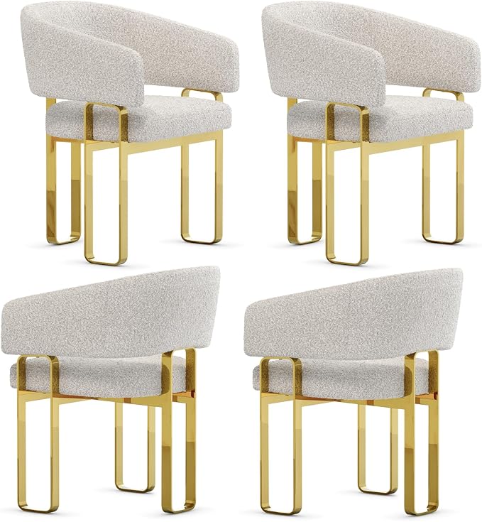 Boucle Dining Chairs Set of 4, White Barrel Dining Chairs with Arms and U-Shaped Mirrored Gold Legs, Modern Side Chairs for Dining Table, Kitchen and Dining Room Restaurant Recepition