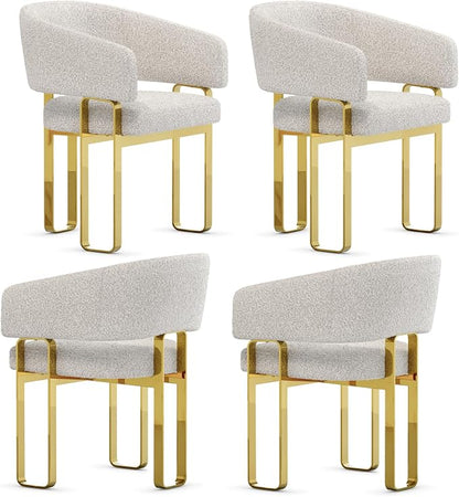 Boucle Dining Chairs Set of 4, White Barrel Dining Chairs with Arms and U-Shaped Mirrored Gold Legs, Modern Side Chairs for Dining Table, Kitchen and Dining Room Restaurant Recepition