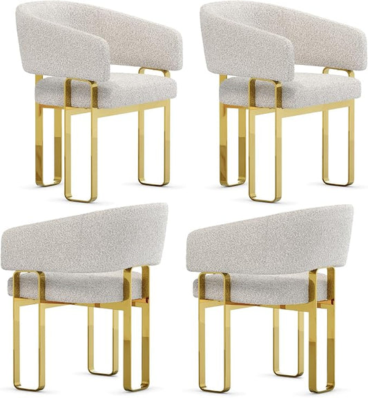 Boucle Dining Chairs Set of 4, White Barrel Dining Chairs with Arms and U-Shaped Mirrored Gold Legs, Modern Side Chairs for Dining Table, Kitchen and Dining Room Restaurant Recepition