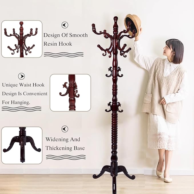 Wooden Coat Rack Freestanding, Hall Tree Hanger With Resin Hooks, Adjustable Heavy Duty Coat Rack for Hanging Clothes Bags Hats in Living Room Bedroom (coat rack, 3 Prong Legs-Rosewood Color)