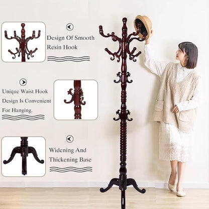 Wooden Coat Rack Freestanding, Hall Tree Hanger With Resin Hooks, Adjustable Heavy Duty Coat Rack for Hanging Clothes Bags Hats in Living Room Bedroom (coat rack, 3 Prong Legs-Rosewood Color)