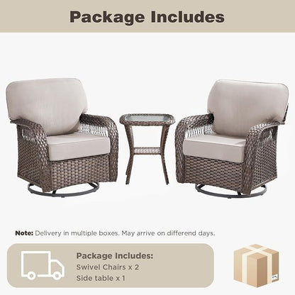 Belord 3 Piece Patio Set,Swivel Patio Chairs Set with Side Table, All-Weather Wicker Backyard Balcony Porch Seating Group,Beige