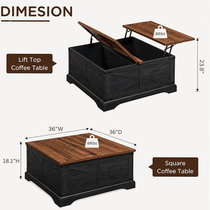 JXQTLINGMU Farmhouse Lift-Top Coffee Table with Large Storage, 36" Square Wood Living Room Table with Hidden Compartment and Raised Dining Surface, Black and Brown