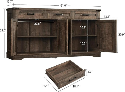usikey Buffet Cabinet, 61” Large Sideboard Buffet Storage Cabinet with 3 Drawers, Farmhouse Coffee Bar with 4 Doors, Buffet Table for Kitchen, Living Room, Antique Oak