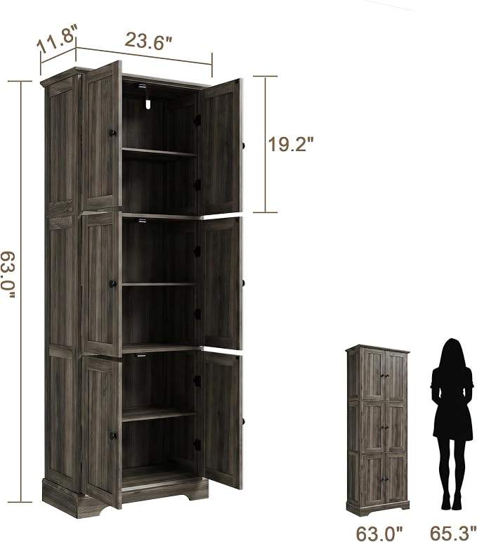 ChooChoo Tall Bathroom Storage Cabinet with 6 Doors, Freestanding Floor Cabinet with Adjustable Shelves, Rustic Weathered Gray Pantry Cabinet for Bathroom, Kitchen, Laundry Room