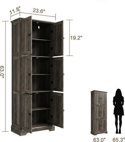 ChooChoo Tall Bathroom Storage Cabinet with 6 Doors, Freestanding Floor Cabinet with Adjustable Shelves, Rustic Weathered Gray Pantry Cabinet for Bathroom, Kitchen, Laundry Room