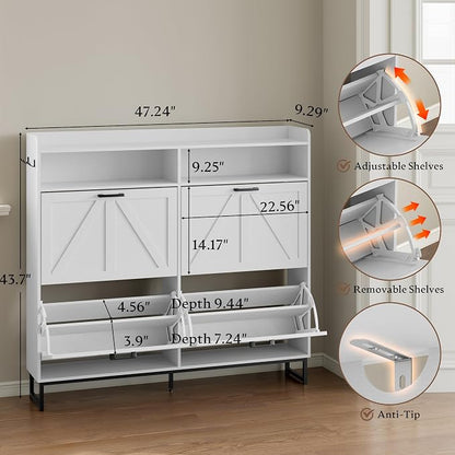 BORNOON Shoe Cabinet with 4 Flip Drawers Narrow Shoe Storage Cabinet Organizer Wooden Freestanding Shoe Rack Hidden Slim Shoes Storage Cabinet for Entryway, Hallway, Living Room, Bedroom
