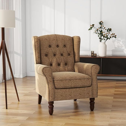 High Back Accent Chair, Fabric Wingback Chair Upholstered Armchair for Living Room, Retro Comfy Single Sofa Bedroom Reading Seat with Solid Wood Legs - Brown