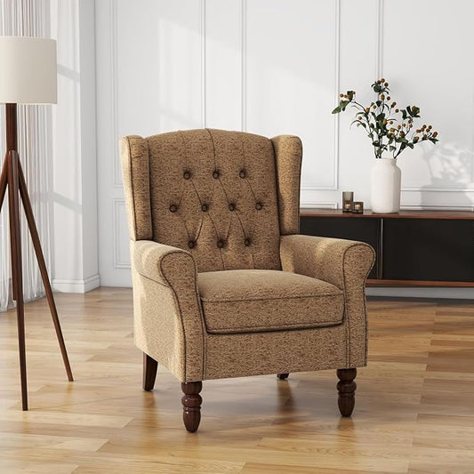High Back Accent Chair, Fabric Wingback Chair Upholstered Armchair for Living Room, Retro Comfy Single Sofa Bedroom Reading Seat with Solid Wood Legs - Brown
