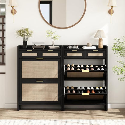 HOKYHOKY Rattan Shoe Storage Cabinet with 2 Drawers & 2 Flip Drawers – Hidden Slim Shoe Organizer for Entryway, Large Tabletop Space, Farmhouse Boho Narrow Shoe Rack, Rustic Black
