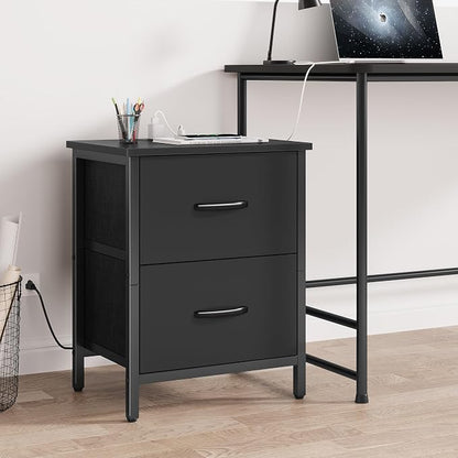 Vagusicc Nightstand with Charging Station, Bedside Table with USB Ports and Outlet, End Table Side Table with 2 Fabric Drawers for Bedroom, Living Room, Black