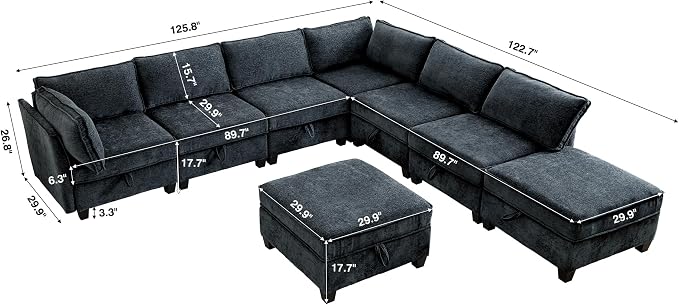 ORRD Oversize Corner Modular Sectional Sofa Set, Convertible L Shaped Couch with Storage, 8 Seater Sofa Modular with Ottomans and Reversible Chaise for Living Room, Office (Blue Grey)