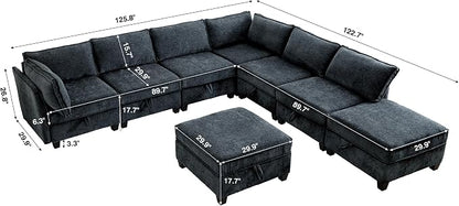 ORRD Oversize Corner Modular Sectional Sofa Set, Convertible L Shaped Couch with Storage, 8 Seater Sofa Modular with Ottomans and Reversible Chaise for Living Room, Office (Blue Grey)