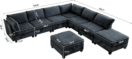 ORRD Oversize Corner Modular Sectional Sofa Set, Convertible L Shaped Couch with Storage, 8 Seater Sofa Modular with Ottomans and Reversible Chaise for Living Room, Office (Blue Grey)