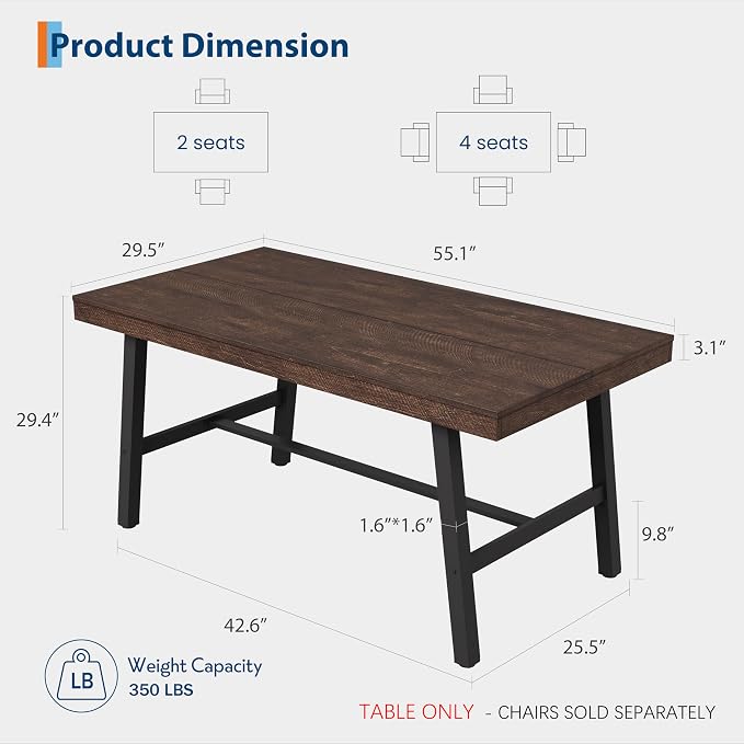 GarveeHome Industrial Dining Table for 2-4, 55" Heavy Duty Rectangular Kitchen Table with 2"×2" Metal Legs, Small Space Dining Table for Kitchen, Dining Room (Rustic Birch, 55" Non-extendable)