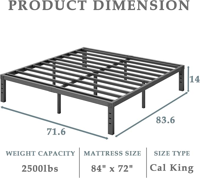 FSCHOS California King Bed Frame, 14 Inch Metal Platform California King Size Bed Frame No Box Spring Needed, Easy Assembly, Noise Free