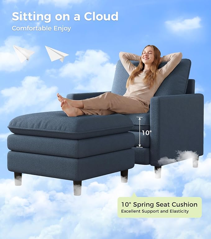 Welzona 3-Layers Cloud Accent Chair with Ottoman, 33" Comfy Reading Chair for Bedroom, Living Room, Tool-Free Assembly with Teddy Fabric Arm Chairs and Ottoman Set, Blue Grey, Removable Washable Cover