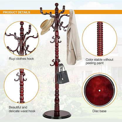 Wooden Coat Hanger Stand, Coat Rack Freestanding 18 Hooks, Mid Century Vintage Coat Tree for Entryway, Adjustable Height 73", Heavy Duty Coat stand for Home Bedroom, Office(Walnut)