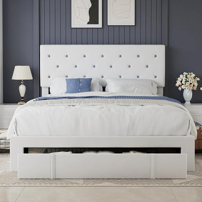 VECELO Queen Size Bed Frame with 3 Storage Drawers, Leather Upholstered with Diamond Tufted Headboard, Solid Wood Slat Support & Steel Framework, PU & White