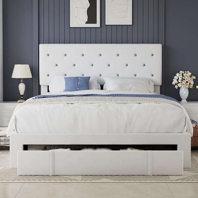 VECELO Full Size Bed Frame with 3 Storage Drawers, Leather Upholstered with Diamond Tufted Headboard, Solid Wood Slat Support & Steel Framework, PU & White