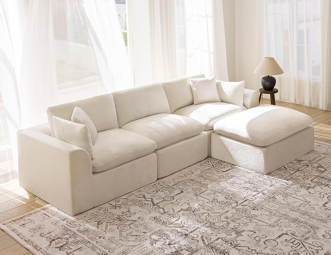 115" Modular Sectional Sofa – Modern Cloud Couch with Deep Chenille Seats, L-Shape Boneless Couch for Living Room, No Assembly, Warm White (3 Seater + 1 Ottoman)
