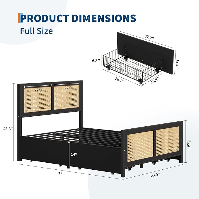 GarveeHome Black Rattan Bed Frame with Headboard, Boho Cane Platform Full Size Bed Frame with 4 Drawers, Strong Metal Slats Support, Noise Free, No Box Spring Needed