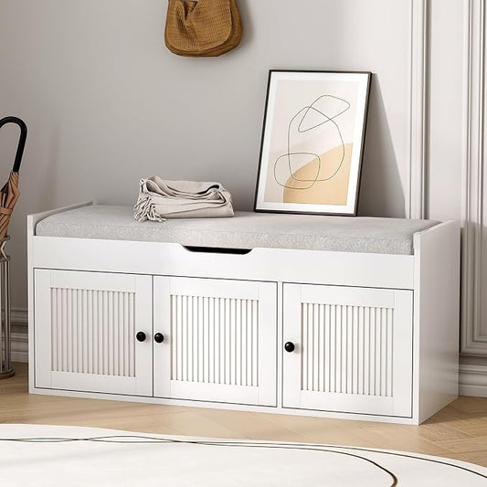 40" Storage Bench - Entryway Shoe Bench with 3 Doors and Top Storage Area, Multifunctional Entryway Bench with Lift Top Cushion, Shoe Storage Bench for Bedroom, Living Room, White