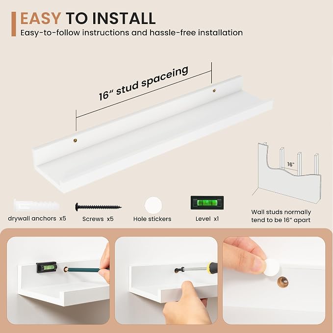 Dreamland Picture Ledge Shelf for Wall, Floating Shelves Set of 2, 24 Inch Long Floating Shelves with Lip for Living Room, Bedroom, Bathroom, Kitchen, White