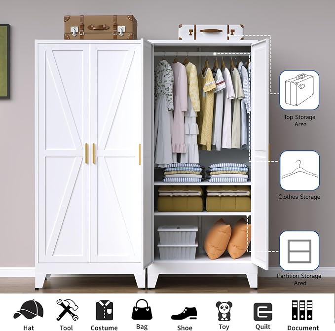 71" Heavy Duty Steel Armoire Wardrobe Closet, White Metal Clothing Storage Cabinet with 2 Magnetic Doors & Adjustable Shelves, Waterproof Hanging Rod Cabinet for Bedroom Gym Laundry Room