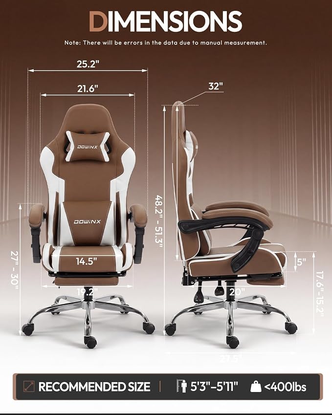 Dowinx Ergonomic Gaming Chair with Footrest & Massage Lumbar, 2D-Linkage Armrests for Computer Chair 330lbs with Headrest Pillow for Office, Home, Streaming and Long Gaming Sessions, Fabric Brown