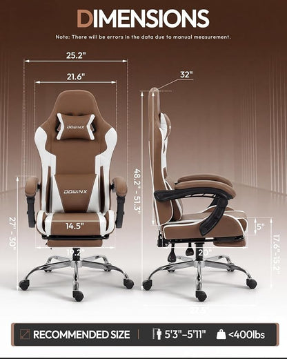 Dowinx Ergonomic Gaming Chair with Footrest & Massage Lumbar, 2D-Linkage Armrests for Computer Chair 330lbs with Headrest Pillow for Office, Home, Streaming and Long Gaming Sessions, Fabric Brown
