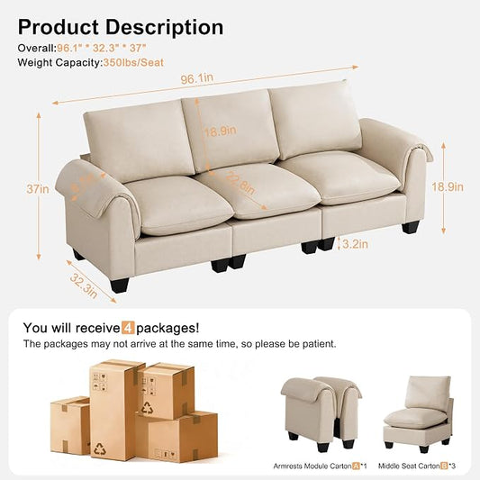 96" Faux Leather Modular Sectional Upholstered Sofa, Oversized 3 Seater Couch with Curved Armrests, Cloud Modern Upholstered Deep Seat Sofa for Living Room, Beige