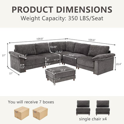 Oversized Modular Cloud Couch with Removable Washable Cover, L/V-Shaped Sectional for Large Living Room, Plush Chenille & Deep Seat（Grey）