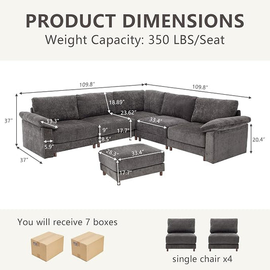 Oversized Modular Cloud Couch with Removable Washable Cover, L/V-Shaped Sectional for Large Living Room, Plush Chenille & Deep Seat（Grey）