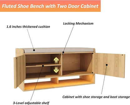 HOMEFORT 39.4" Fluted Shoe Storage Bench, Entryway Bench with Linen Seat Cushion, Shoe Cabinet Bench with Adjustable Shelf and Built-in LED Sensor Light, Bench for Bedroom End of Bed, Natural Oak