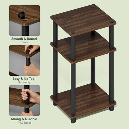 Furinno Just 3-Tier Turn-N-Tube End Table / Side Table / Night Stand / Bedside Table with Plastic Poles, 2-Pack, Columbia Walnut/Black