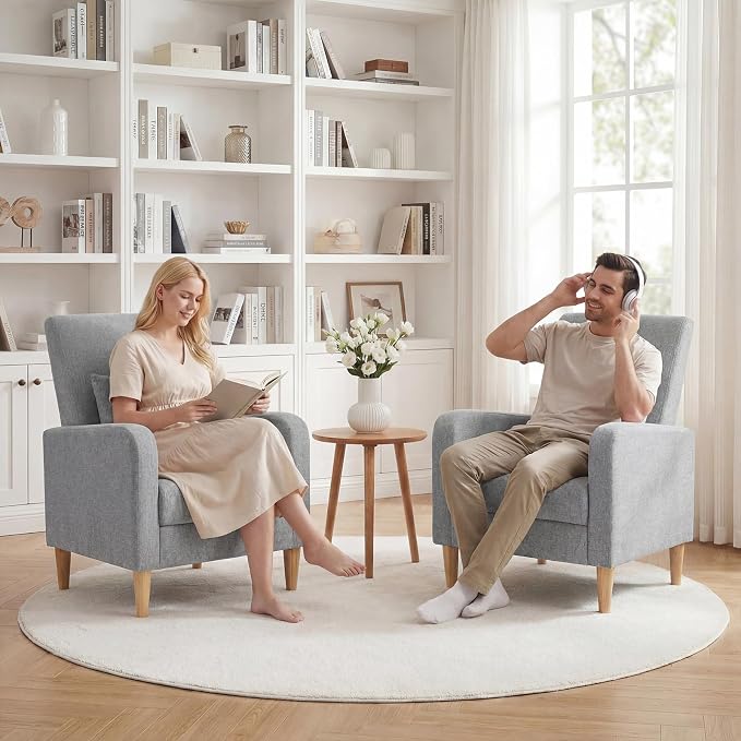 COLAMY Mid-Century Modern Accent Chair, Fabric Upholstered Living Room Chair with Back Pillow & Solid Wood Legs, Comfy Armchair for Living Room, Bedroom, Single Sofa, Grey