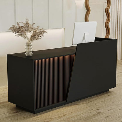 Reception Desk with Counter, Modern Reception Desk with Drawers & 2 Storage Cabinets & 3 Storage Compartments, Front Desks Reception Counter for Salon/Office/Store (Black-Left, 71inch/180cm)