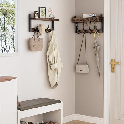 Evermagin 35" Coat Rack Wall Mount with Shelf, 4 in 1 Coat and Key Hanger with 13 Metal Hooks, Entryway Wall Mounted Shelf with Mail Holder for Living Room, Bedroom, Rustic Brown