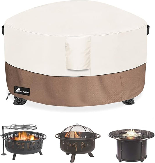 Fire Pit Cover Round 42 Inch Waterproof,Outdoor Heavy Duty Durable 600D Tear-Resistant Fire Pit Table Cover,Patio Round Firepit Cover 42" D x 24" H, Beige