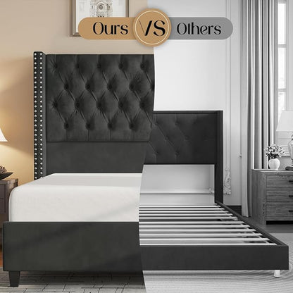 Jocisland Queen Size Bed Frame with 51.6” Wingback Tufted Velvet Headboard, Modern Upholstered Platform Bed, No Box Spring Needed, Easy Assembly, Black
