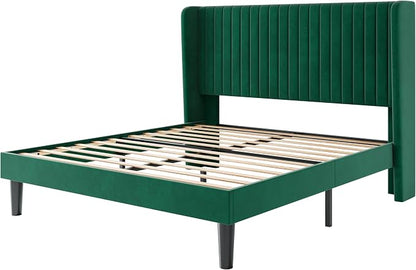 SHA CERLIN Queen Size Velvet Bed Frame with Vertical Channel Tufted Wingback Headboard, Upholstered Platform Bed with Wood Slats, No Box Spring Needed, Easy Assembly, Green