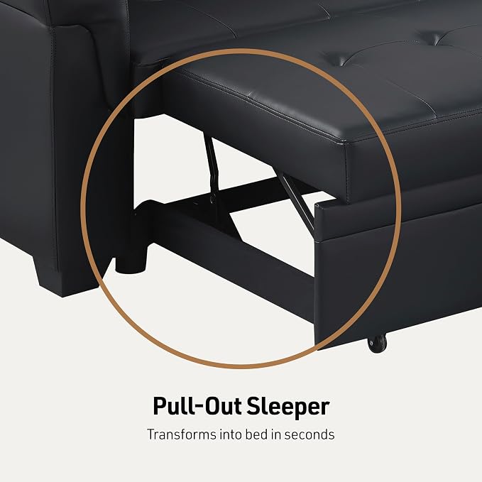 Lilola Home Lucca 84" Reversible Sleeper Sectional Sofa with Pull-Out Bed & Storage Chaise, Black Vegan Leather, Tufted Back, Modern Compact Couch for Living Room, Easy Assembly