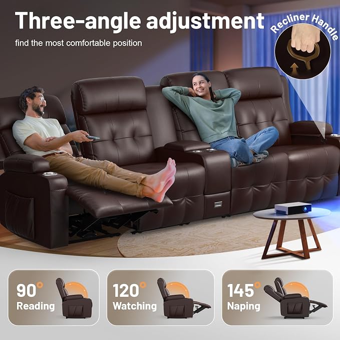 Loveseat Recliner Sofa, Home Theater Seating with Massage, 4 Seat Reclining Loveseats with Console, Wall Hugger RV Couch Movie Theater Chairs, RV Furniture Sofas with USB, Cup Holders for Gaming Room